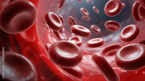 Microscopic view of red blood cells flowing through a detailed, illuminated human artery or vein close-up
