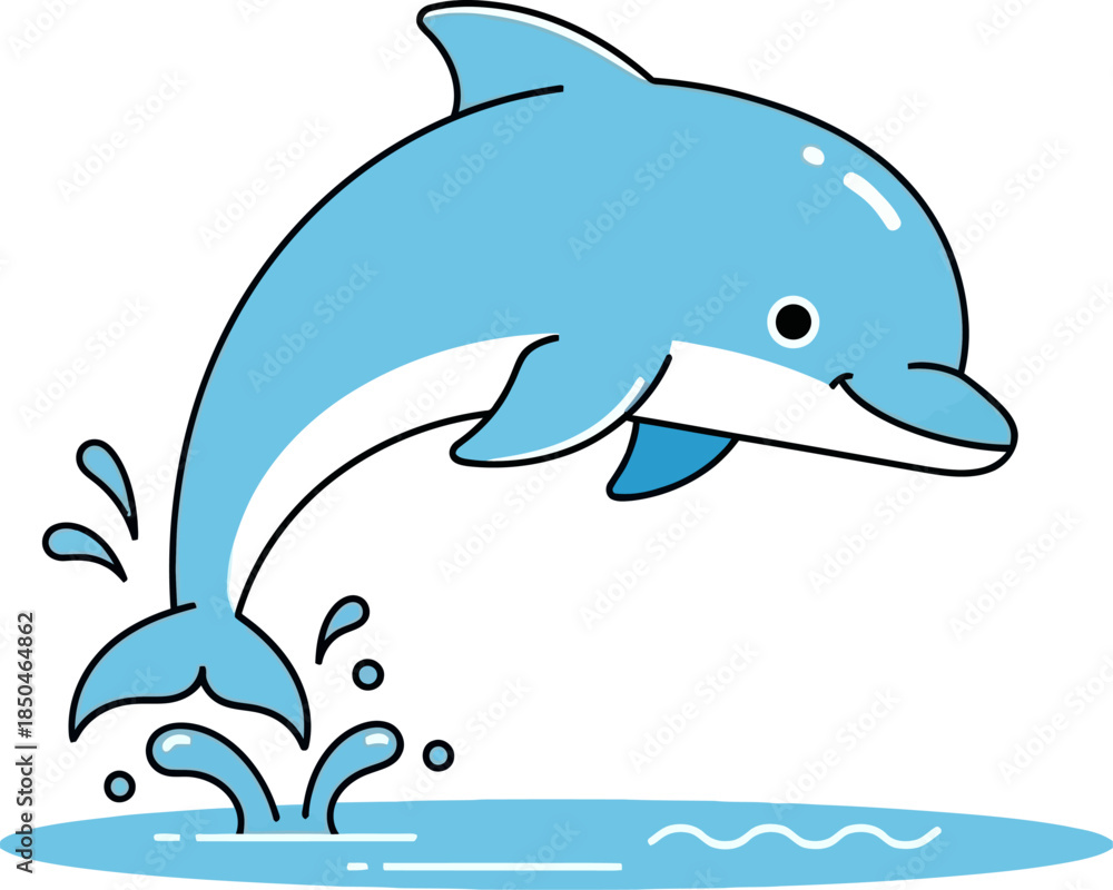 Fototapeta premium Cute Cartoon Dolphin Jumping Out of Water Playful Marine Mammal Illustration