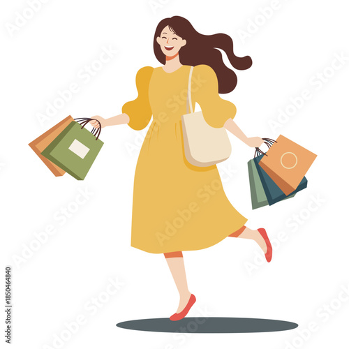 バーゲンセールやショッピングを満喫する笑顔の女性のフラットデザイン素材