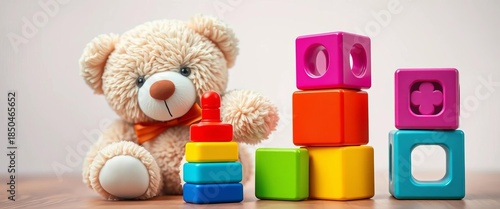 Soft teddy bear and colorful stacking cubes for toddlers, kid's room, children's toy