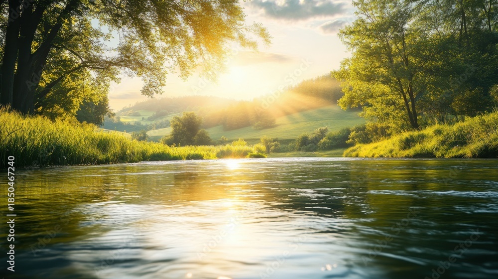 Obraz premium faith and spirituality, set in a serene natural landscape with rolling hills, a calm river, and gentle sunlight filtering through the trees. The background is softly blurred