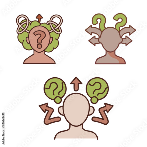 Three vector illustrations depict abstract human figures symbolizing different states of thought