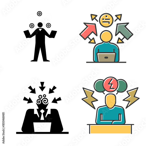 Icon set featuring four illustrations depicting stress and decision-making concepts. Top left