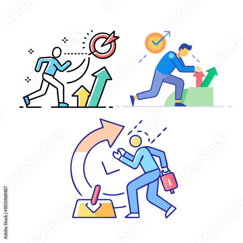 Three icons depicting business concepts. The top-left shows a figure aiming at a target with upward
