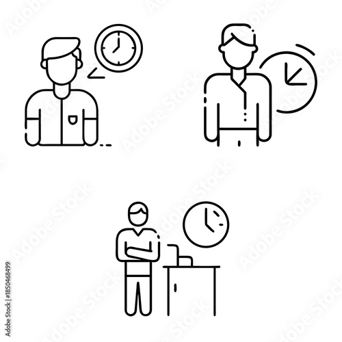 Simple black line art depicting three human figures associated with clocks. The first two