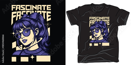 Fascinate girl t-shirt design with retro comic style graphic and fashionable appeal