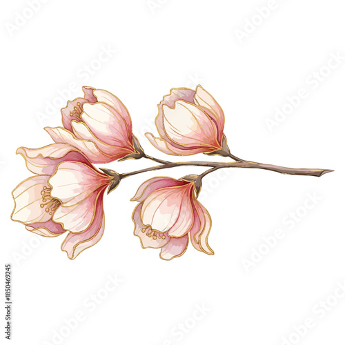Elegant blossoming floral branch with soft pink petals and golden accents