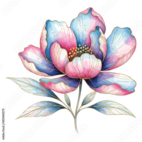 Exquisite painted bloom showcasing vibrant pink and blue hues in watercolor style