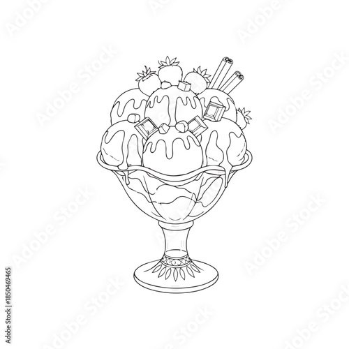 Delicious Ice Cream Sundae with Toppings Line Art Illustration, Sweet Dessert Sketch for Menu and Coloring Book Design