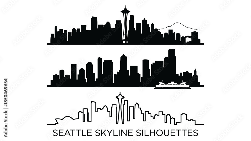 Obraz premium Seattle Skyline Vector Silhouettes and Line Art Set. Panoramic Washington City View with Mount Rainier and Ferry Boat. Isolated Black Urban Landscape and Outline Design.