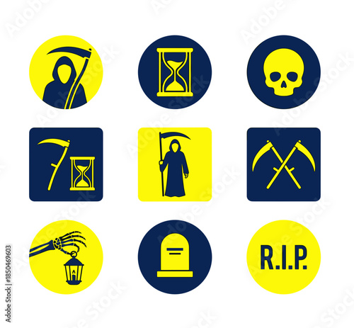 Grim Reaper Flat Icon Vector Set. Blue and Yellow Death Character Symbols with Skull, Hourglass, and Tombstone. Modern Halloween Badge and Warning Sign Collection.