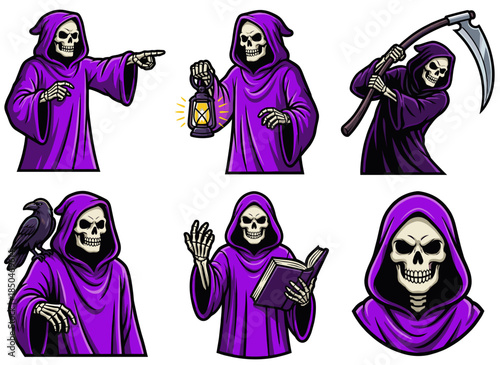 Grim Reaper Mascot Vector Set. Cool Death Character in Purple Robe with Scythe, Lantern, and Crow. Esport Logo Style Halloween Illustration.