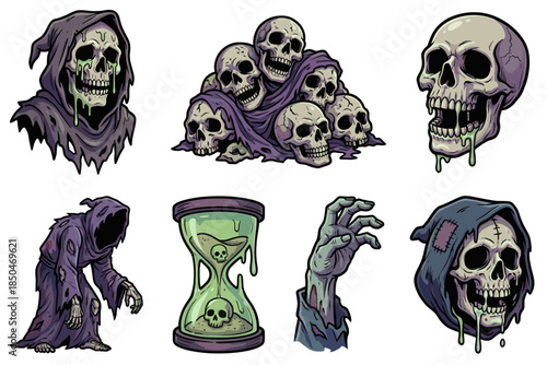 Spooky horror grim reaper vector illustration set featuring melting skulls and zombie hand rising from grave with poison hourglass and creepy undead skeleton characters for halloween design