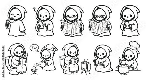 Cute chibi grim reaper vector mascot character set doing daily life activities like cooking reading and gardening funny kawaii skeleton doodle line art for stickers and comics