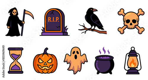 Classic halloween icon set featuring grim reaper vector character with jack o lantern pumpkin and spooky ghost tombstone crow and magic potion cauldron flat design elements for party decoration