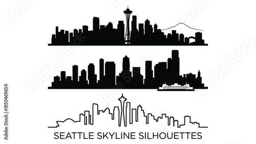 Seattle Skyline Vector Silhouettes and Line Art Set. Panoramic Washington City View with Mount Rainier and Ferry Boat. Isolated Black Urban Landscape and Outline Design.