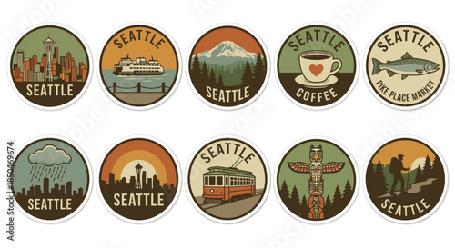 Seattle Retro Vector Badge Set. Vintage Circular Travel Patches featuring Skyline Tram and Mount Rainier. Outdoor Adventure Sticker Collection for Apparel Design.