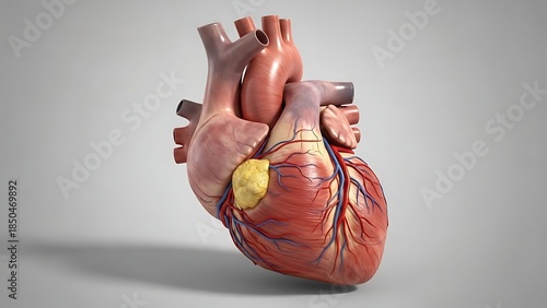 Detailed 3D anatomical rendering of a human heart showing major arteries, veins, and chambers on a grey background.