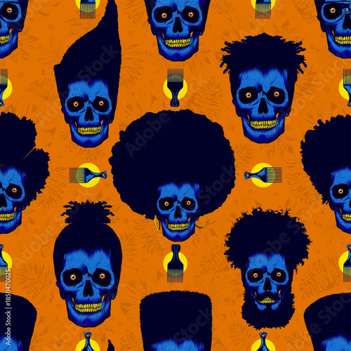 Seamless pattern with blue afro skulls