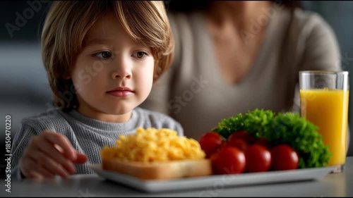 Child enjoys meal at home with vegetables and pasta on a plate