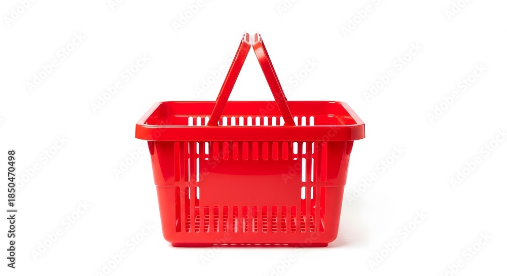Fototapeta premium Empty bright red plastic shopping basket with handles up, isolated on a pure white background.