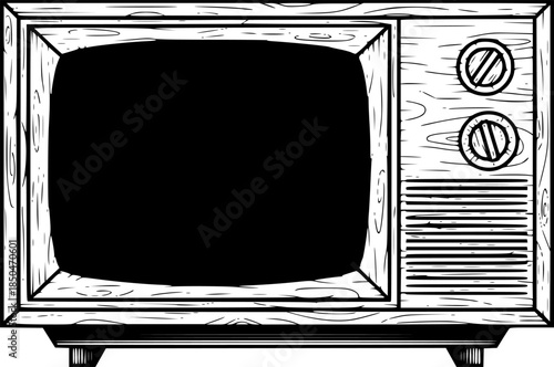 Vintage television illustration in woodcut style, black and whit
