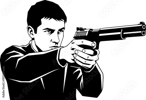 Focused sportsman aiming pistol in minimalist monochrome artisti
