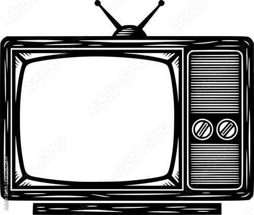 Vintage television illustration in woodcut style, black and whit
