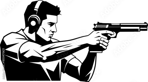 Focused sportsman aiming pistol in minimalist monochrome artisti
