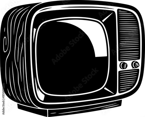 Vintage television illustration in woodcut style, black and whit
