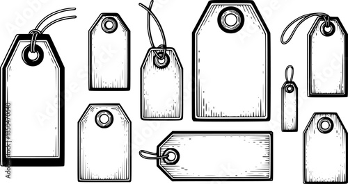 Vintage price tags engraving illustration, various shapes and si
