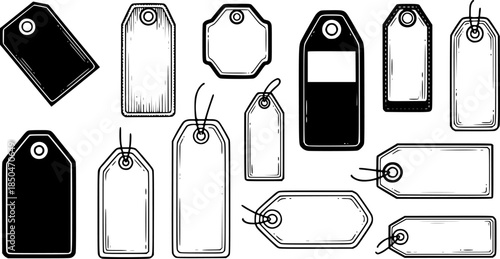 Vintage price tags engraving illustration, various shapes and si
