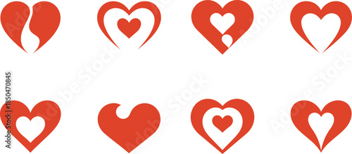 Collection of Eight Stylized Red Heart on White Background
