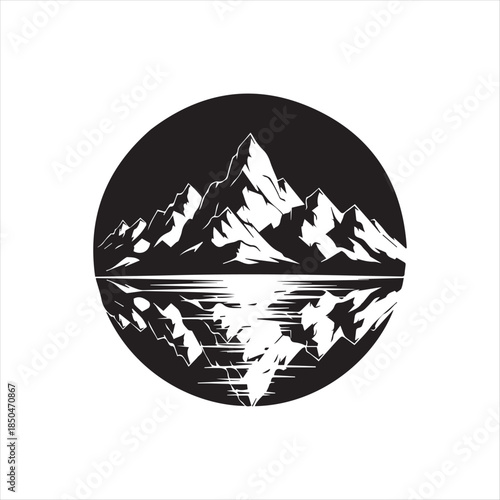 Circular Mountain Reflection Landscape Silhouette Vector Graphic for Outdoor Adventure