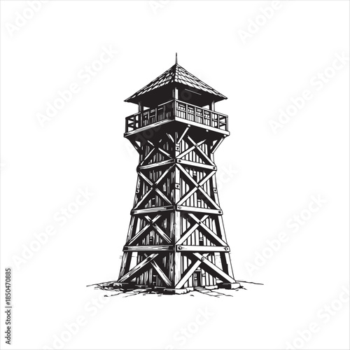 Rustic Wooden Watchtower or Fire Lookout Tower Hand Drawn Vector Illustration