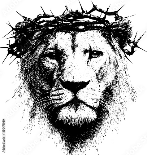 Vintage Lion with Crown of Thorns Engraving Vector, Inverted Black White Xerography on Transparent Background