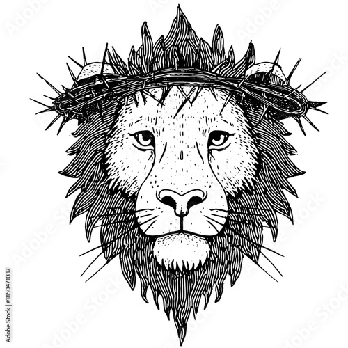 Vintage Lion with Crown of Thorns Engraving Vector, Inverted Black White Xerography on Transparent Background