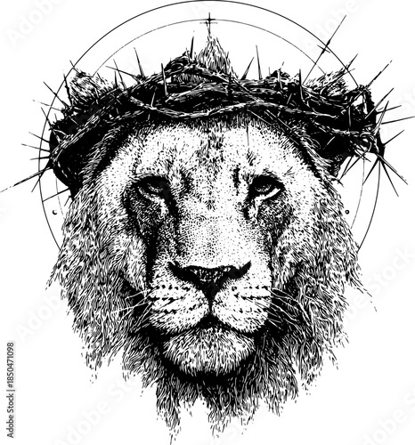 Vintage Lion with Crown of Thorns Engraving Vector, Inverted Black White Xerography on Transparent Background