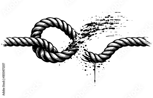 Vintage Broken Rope Knot Engraving Vector, Inverted Black White Xerography on Transparent Background