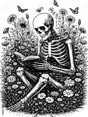 Vintage Skeleton Reading Book Engraving Vector, Inverted Black White Xerography on Transparent Background