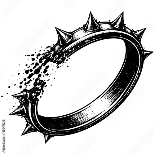 Vintage Spiked Ring Dissolving Engraving Vector, Inverted Black White Xerography on Transparent Background