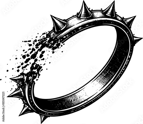 Vintage Spiked Ring Dissolving Engraving Vector, Inverted Black White Xerography on Transparent Background