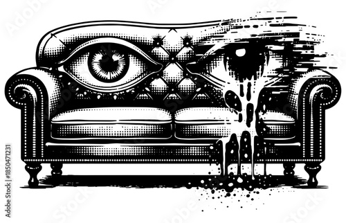 Vintage Surveillance Sofa with Eye Engraving Vector, Inverted Black White Xerography on Transparent Background