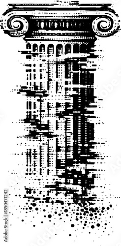 Vintage Glitch Classical Column Engraving Vector, Inverted Black White Xerography on Transparent Background