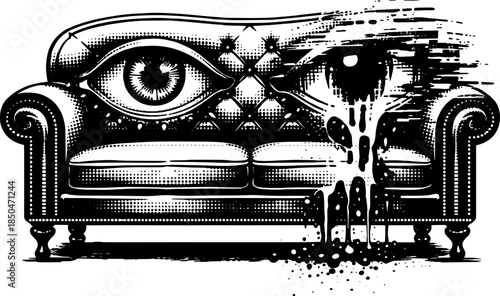 Vintage Surveillance Sofa with Eye Engraving Vector, Inverted Black White Xerography on Transparent Background