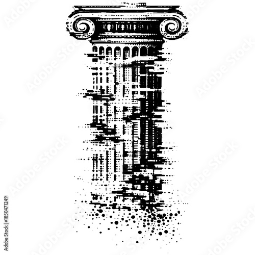 Vintage Glitch Classical Column Engraving Vector, Inverted Black White Xerography on Transparent Background