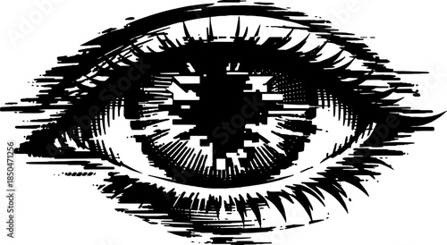Vintage Glitch Eye Diffusion Engraving Vector, Inverted Black White Xerography on Transparent Background