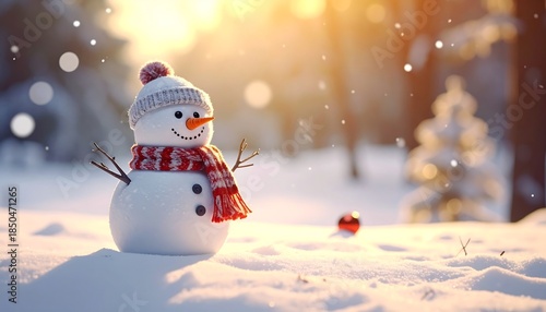 A cute snowman with a red scarf and hat stands in a snowy forest scene, bathed in golden sunlight with a bokeh background