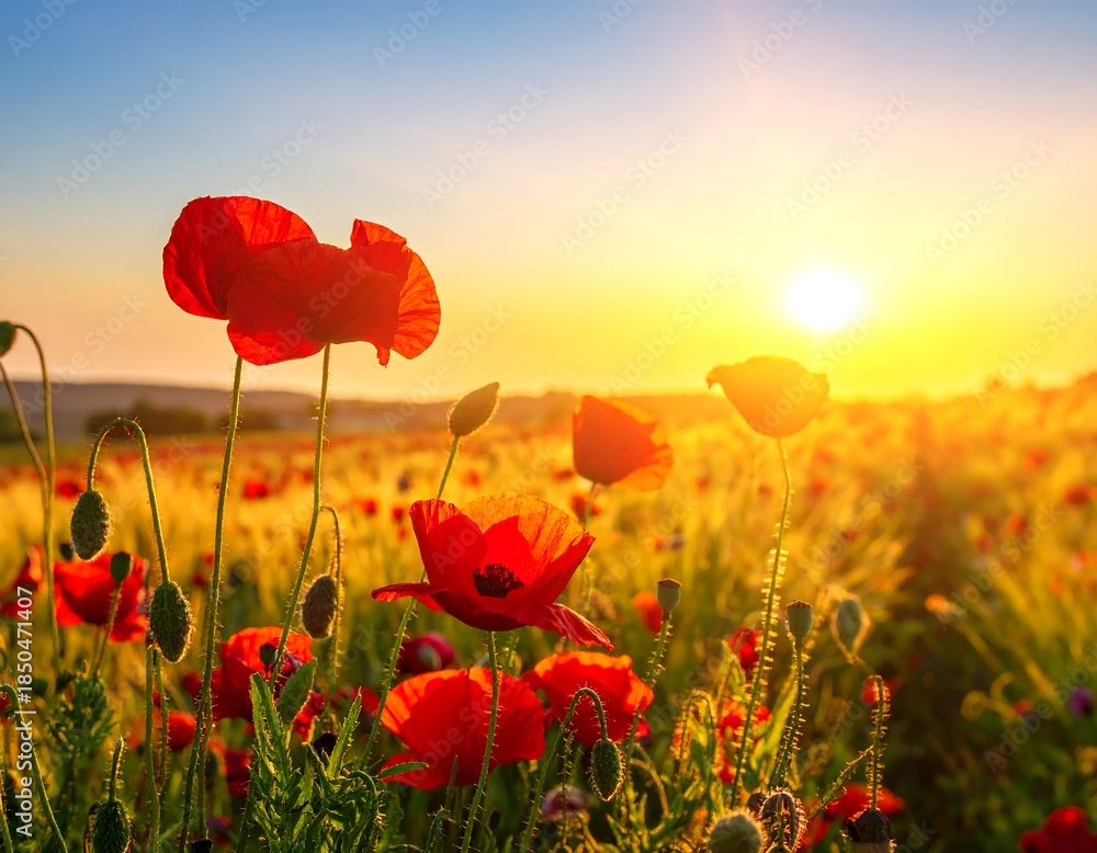 Fototapeta premium Field of vibrant red flowers basking in a warm, golden sunset