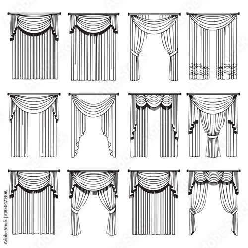 Set of Window Curtains and Drapes Interior Design Vector Illustrations, Various Styles of Window Coverings for Architecture and Home Decor